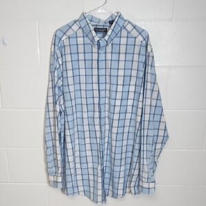 Roundtree & Yorke Button Down Blue White Pink Plaid Cotton Shirt